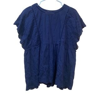 Eyelet Embroidered Navy Blue‎ Top Flutter Sleeve Babydoll Blouse SZ L/XL